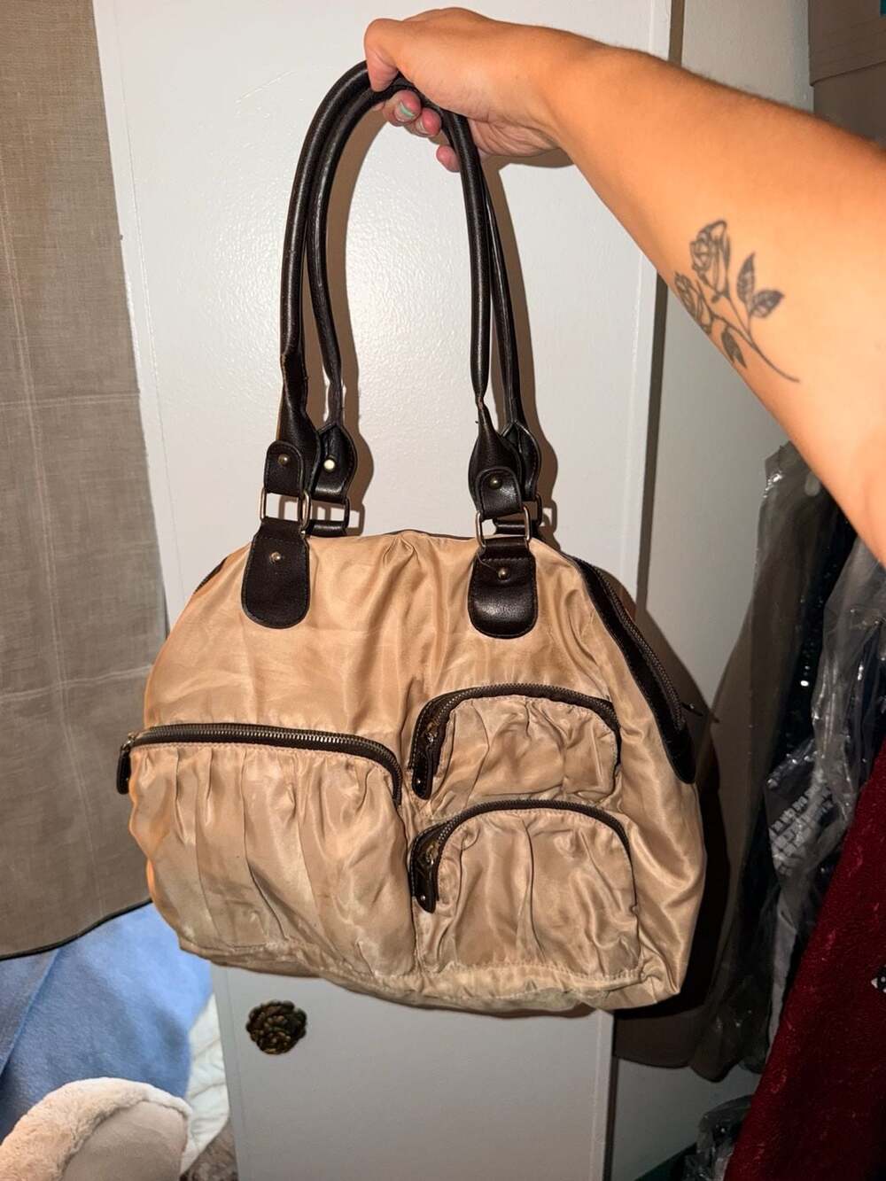 MZ Wallace Nylon Shoulder Bag Beige Brown Trim
